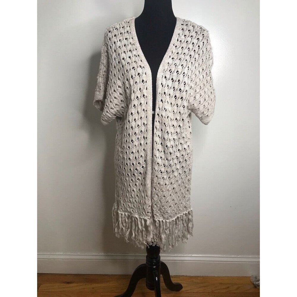 Bethany Mota Aeropostale Womens Cardigan Sweater Beige Open Knit Fringe‎ L New